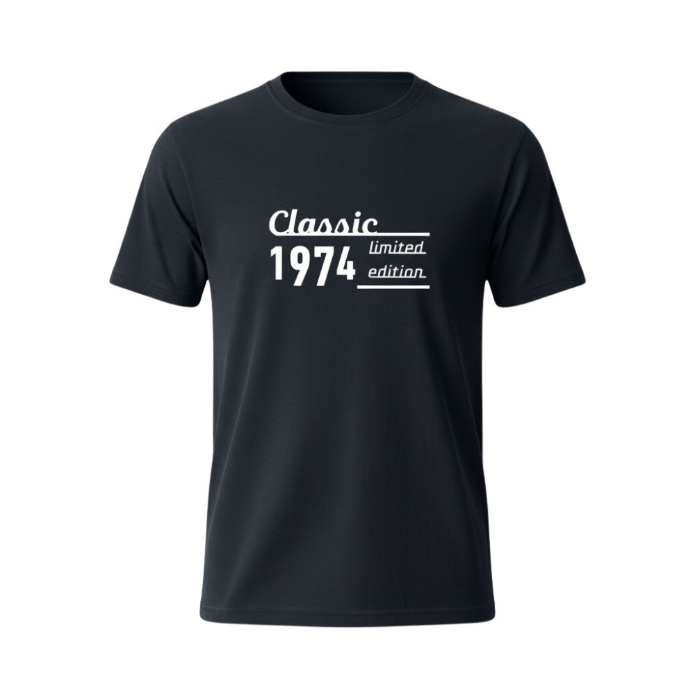 Black t-shirt with 'Classic 1974 limited edition' text on a white background